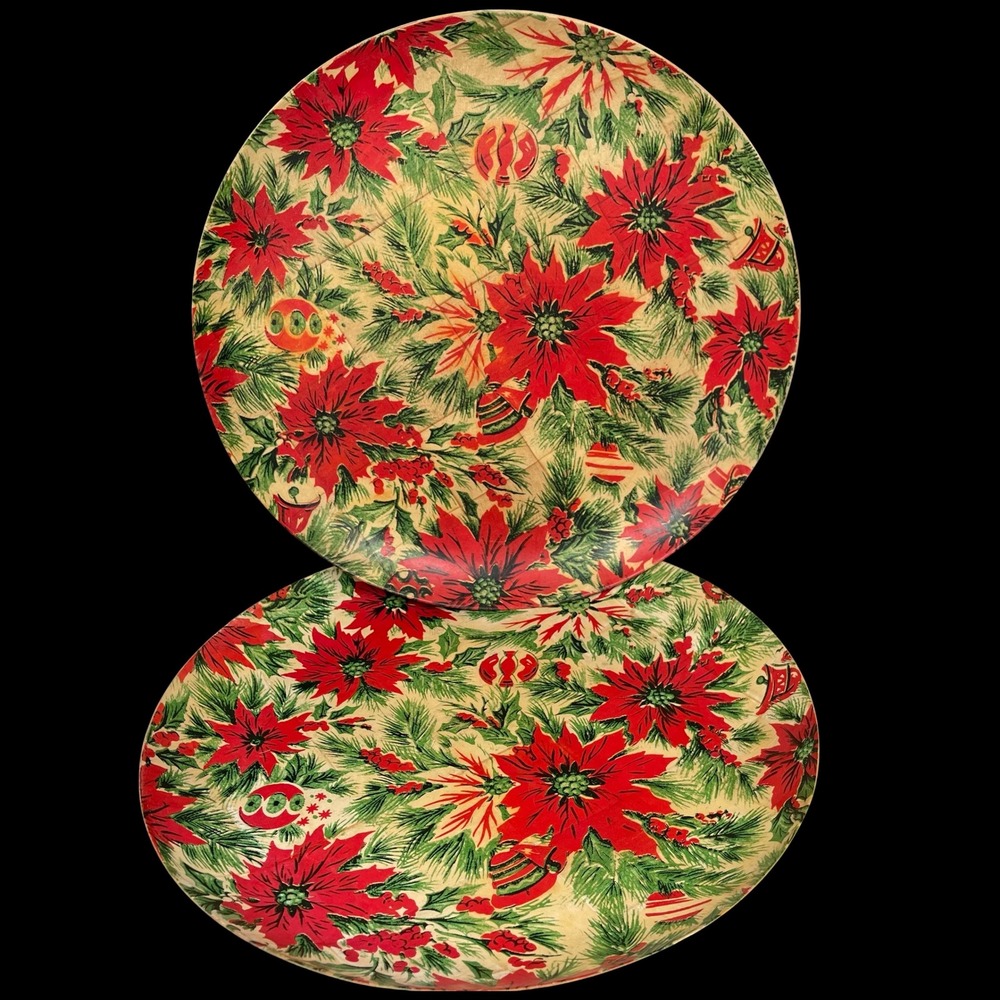 Vintage Christmas Poinsettia Woven Wood Bamboo Serving Trays 2 Red Green Floral